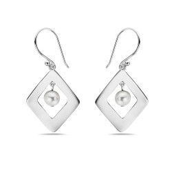 Sterling Silver EARRING PLAIN OPEN RHOMBUS W/ WHITE FRESHWATER PEARL DROP