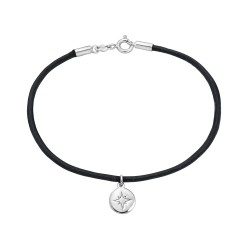 Sterling Silver BRACELET 7.5" BLACK LEATHER CORD W/ ROUND CHARM STARBURST LINE