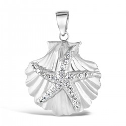 Sterling Silver Pendant 19mm Clear Cubic Zirconia Starfish Shell Line Texture with F