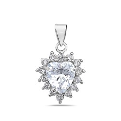 Sterling Silver Pendant 1.8 mm Clear Cubic Zirconia Heart with Cubic Zirconia Petals Around-