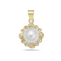Sterling Silver Pendant 8mm Mother of Pearl with Clear Cubic Zirconia Surround