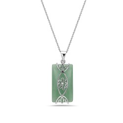 Sterling Silver PENDANT GREEN JADE PANEL W/ FISH PATTERN OVER T