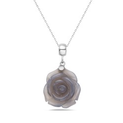 Sterling Silver CHARM ROUND TOP BAIL CARVED ROSE FLOWER GRAY AGATE