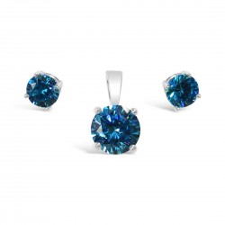 Sterling Silver Set 6Mm Earring 8 Mm Pendant Blue Topaz Glass S