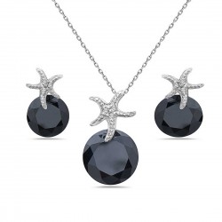 Sterling Silver Set 13+11mm Rd Black Cubic Zirconia Paved Starfish Top