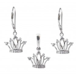 STERLING SILVER SET CROWN EARRING AND PENDANT CLEAR CUBIC ZIRCONIA