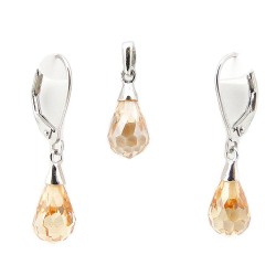 STERLING SILVER SET 10MM CHAMPAGNE CUBIC ZIRCONIA BRIOLETTE DROP