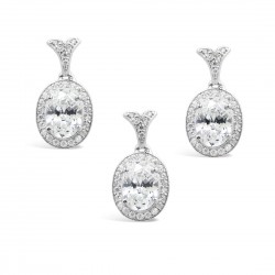 STERLING SILVER SET OVAL CLEAR+CLEAR CUBIC ZIRCONIA AROUND