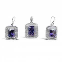 STERLING SILVER SET RECTANGULAR AMETHYST CUBIC ZIRCONIA  DOUBLE CUBIC ZIRCONIA LINES