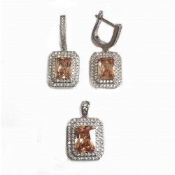 Sterling Silver Set Rectangular Champagne Cubic Zirconia Double Cubic Zirconia Lines