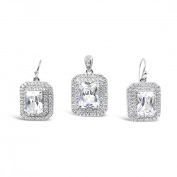 STERLING SILVER SET RECTANGULAR CLEAR CUBIC ZIRCONIA DOUBLE CUBIC ZIRCONIA LINES