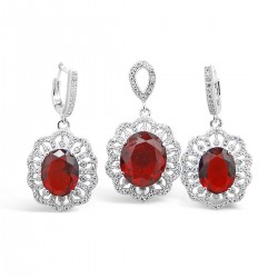 STERLING SILVER SET OVAL RUBY GLASS RADIATING CUBIC ZIRCONIA LINES