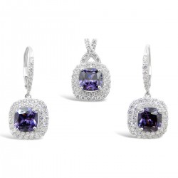 STERLING SILVER SET CUSHION AMETHYST CUBIC ZIRCONIA  2 CUBIC ZIRCONIA LINES AROUND
