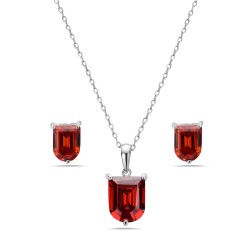 Sterling Silver Pendant (L=10mm) +Earg (L=8mm) Sets Shield Garnet Cubic Zirconia--E-coated