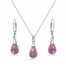STERLING SILVER SET 10MM PINK CUBIC ZIRCONIA BRIOLETTE DROP