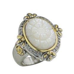 Brass Ring 18-14mm Oval Mother of Pearl Engraved Flower with Gold