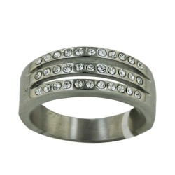 Stainless Steel Ring Wide Band 3 Open Lines with Clear C