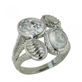 Brass Ring 2 Clear Cubic Zirconia Cabohcon Grainy+Faceted Beze - 7