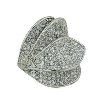 Brass Ring Leaves with Clear Cubic Zirconia Pave-Rhodium Plating-