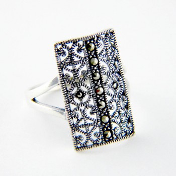 Marcasite RING PANEL FILIGREE MARCASITE LINE CENTER FORK