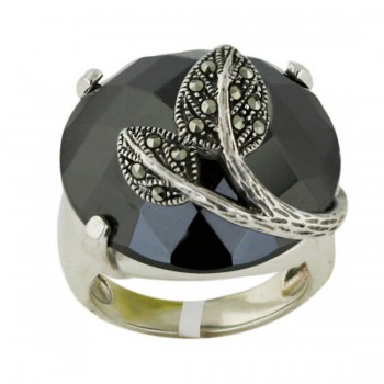 Marcasite Ring 23X23mm Black Cubic Zirconia Round Chess Cut Dome with Pave