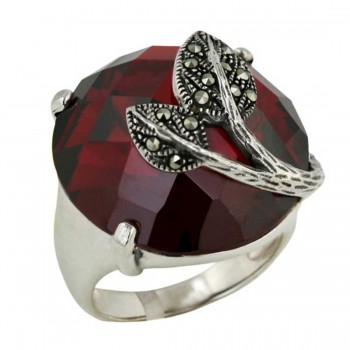 Marcasite Ring 23X23mm Garnet Cubic Zirconia Round Chess Cut Dome with Pave