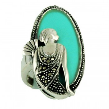 Lady with Fan Marcasite Portrait Ring in Reconstitute Turquoise