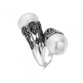 Marcasite Ring Oppositive 12mm Fresh Water Pearl Potato with Marcasite Open Rhombus
