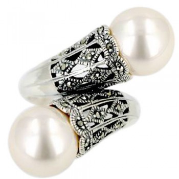 Marcasite Ring Oppositive 12mm White Glass Pearl with Marcasite Open Rhom