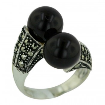 Marcasite Ring Oppositive 10mm Onyx Ball with 2 Dimension Marcasite