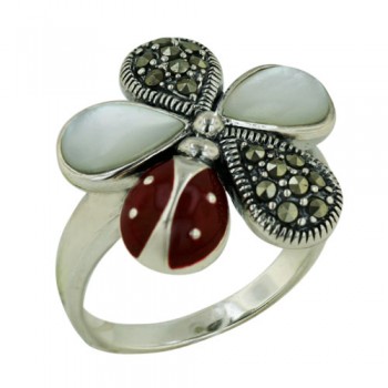 Marcasite Ring White Mother of Pearl Flower Petals with Rd Epoxy#16 Ladybu