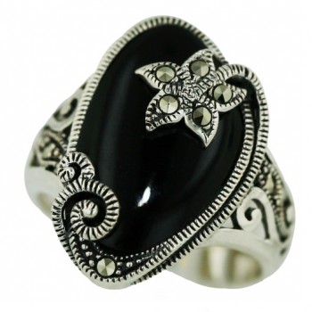 Marcasite Ring Irreg.Shape Onyx with Marcasite Flower Top