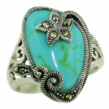 Marcasite Ring Irreg.Shape Faux Turquoise with Marcasite Flower Top