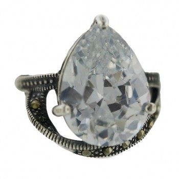 Marcasite Ring 18X13mm Clear Cubic Zirconia Tear Drop+Marcasite Lines