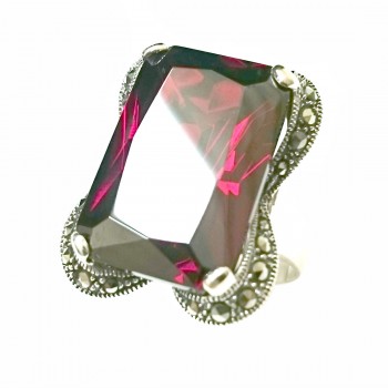 Marcasite Ring 23X16mm Rectangular Garnet Cubic Zirconia with Marcasite Lines