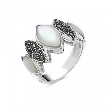Marcasite RING 5 PAVE Marcasite+CABOCHON WHITE Mother of Pearl MARQUIS
