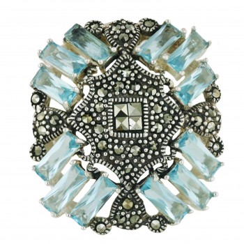 Marcasite Ring Blue Topaz Glass Baguette Round with Marcasite Square C