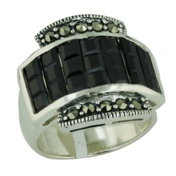 Marcasite Ring Black Cubic Zirconia Ctr Row+Marcasite Up/Down