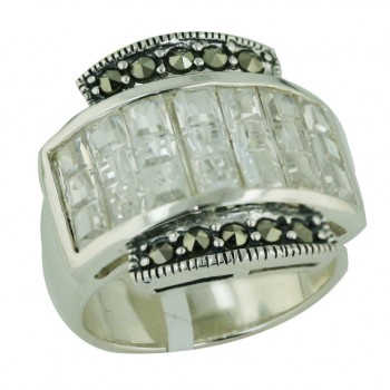 Marcasite Ring Clear Cubic Zirconia Ctr Row+Marcasite Up/Down