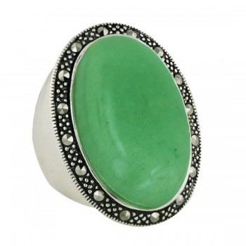 Marcasite Ring Green Aventurine Oval Cabochon Wrap