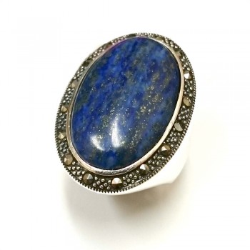 Marcasite Ring Genuine Lapis Oval Cabochon Wrap