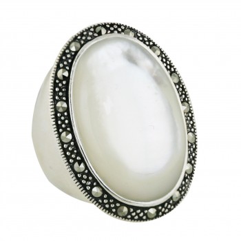 Marcasite Ring 22mm White Mother of Pearl Oval Cabochon Marcasite Around