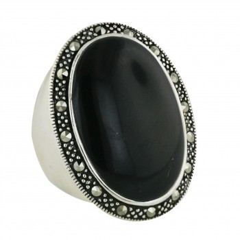Marcasite Ring 22mm Onyx Oval Cabochon with Marcasite Around
