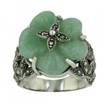 Marcasite Ring 20X20mm Green Jade Flower with Pave Marcasite Leaves S