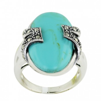 Marcasite Ring 26mmx16mm Faux Turquoise Oval Bezel Set with Marcasite Side