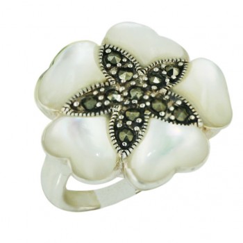 Marcasite Ring 5 White Mother of Pearl Heart Petals with Oxidized Rope F