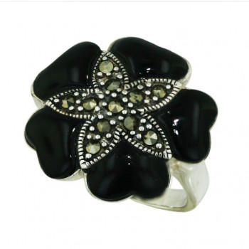 Marcasite Ring 5 Onyx Heart Petals with Oxidized Rope Flower C