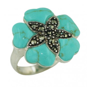 Marcasite Ring 5 Synthetic Turquoise Heart Petals with Oxidized Rope Flower