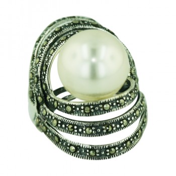 Marcasite Ring 14mm White Faux Pearl with Open Marcasite Triple Ope