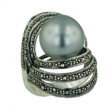 Marcasite Ring 14mm Gray Faux Pearl with Open Marcasite Triple Open